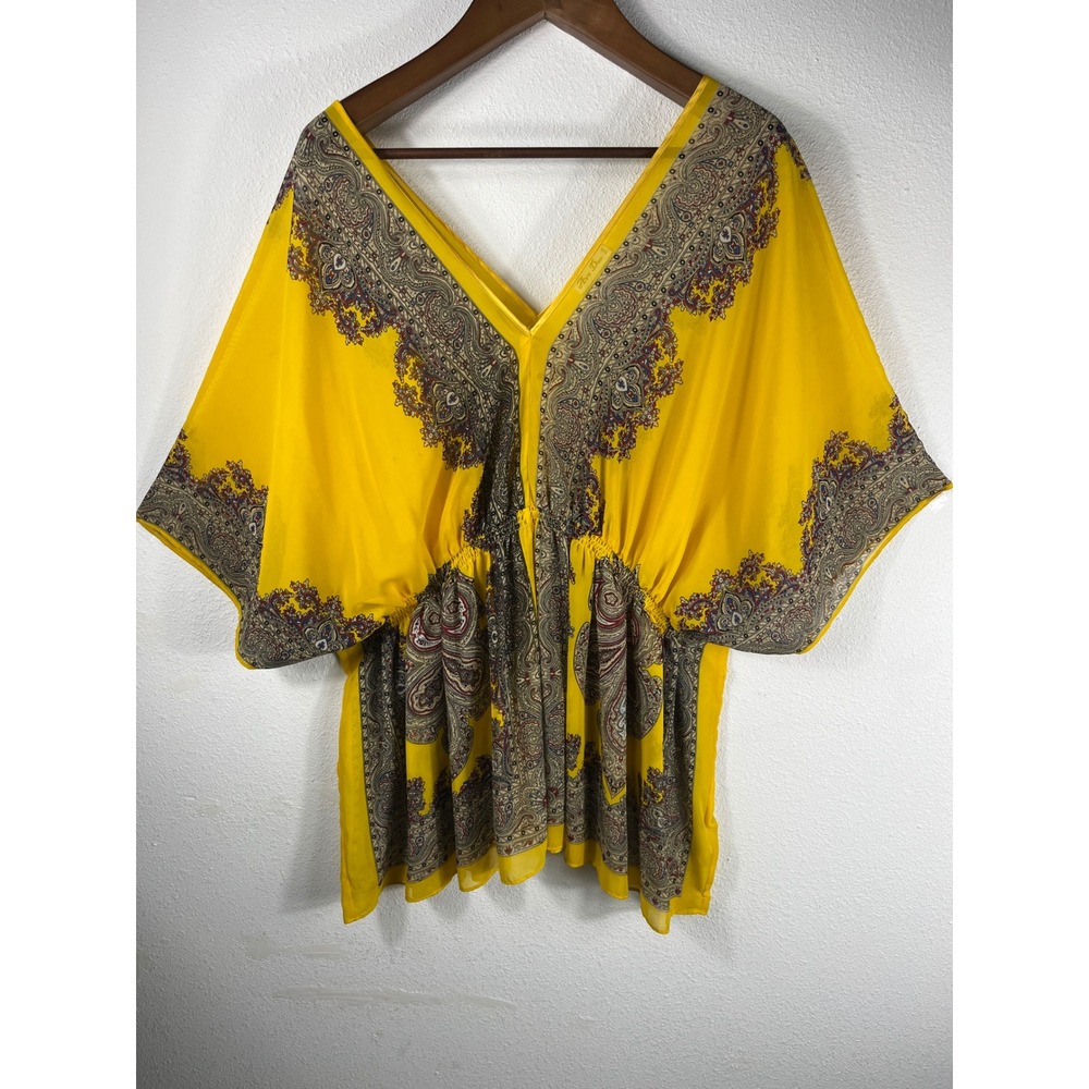 Ava Dee II Womens Blouse Yellow 2X Paisley Kimono V Neck Boho Empire Waist Top
